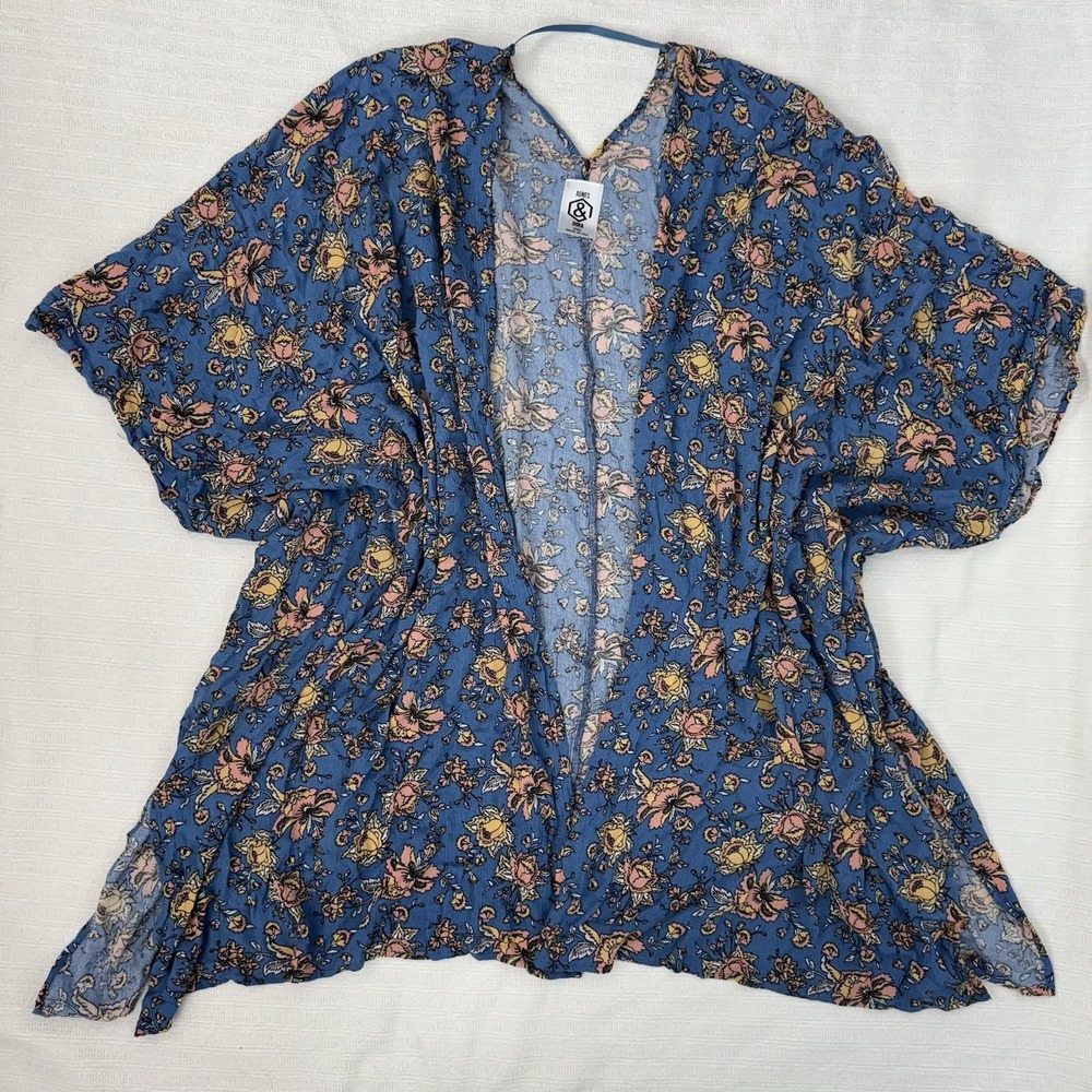 Agnes & Dora Floral Kimono Blue Boho Open Front Rayon USA XS S Lightweight